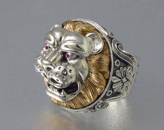 LION'S HEAD sterling silver & 14k yellow gold statement ring with Rubies