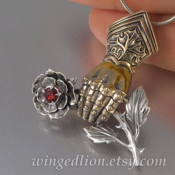 CHIVALRY Medieval Rose silver and bronze Garnet pendant