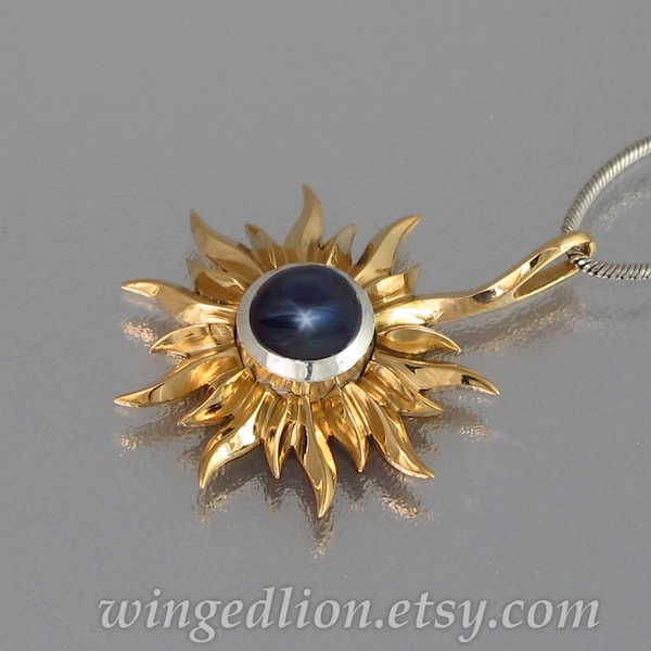 SOLAR ECLIPSE bronze and silver sun pendant with Star Sapphire