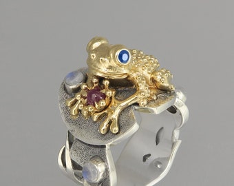 BEFORE The KISS the Frog Prince ring in silver and 14k gold with Sapphires and Ruby