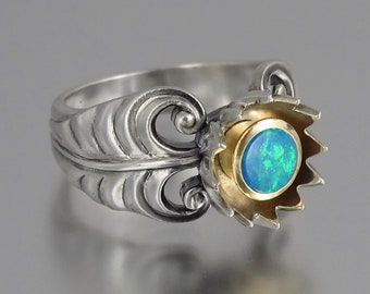 BLUE LOTUS 14K gold and silver ring with blue-green Opal