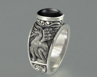 GRIFFIN silver ring with Black Onyx Gothic Medieval unisex gryffon ring