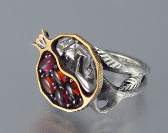 POMEGRANATE garnet bronze and silver ring