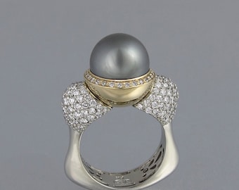 SOPHIA 14k gold Statement Cocktail Ring with Pearl & diamond halo