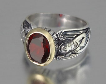GUARDIAN ANGELS silver and 14k gold ring with faceted Garnet (sizes 5 to 8)
