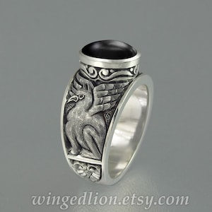 GRIFFIN silver ring with Black Onyx Gothic Medieval unisex gryffon ring