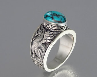 GRIFFIN silver ring with Turquoise Gothic Medieval unisex gryffon ring