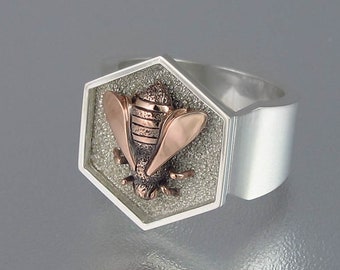 HONEY BEE mens sterling silver and 14k rose gold unisex ring