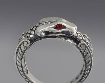 OUROBOROS silver mens unisex Snake ring with Garnet eyes