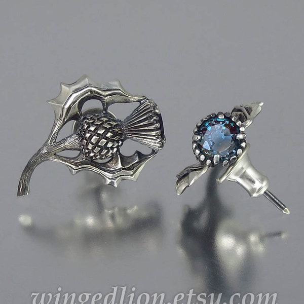 THISTLE BRANCH silver stud post earrings with Alexandrites