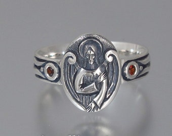 ANGEL'S SEAL Silver Signet Ring with Garnet accents