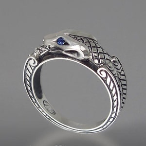 Snake silver ring, OUROBOROS ring, silver ring for men, mens unisex Snake ring, Blue Sapphire ring