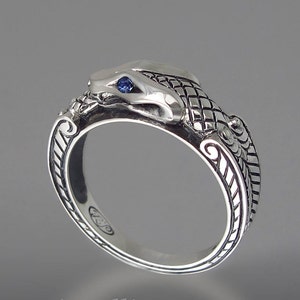 OUROBOROS silver mens unisex Snake ring with Blue Sapphire eyes