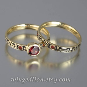 AUGUSTA 14K gold Red Garnet engagement ring & band wedding set