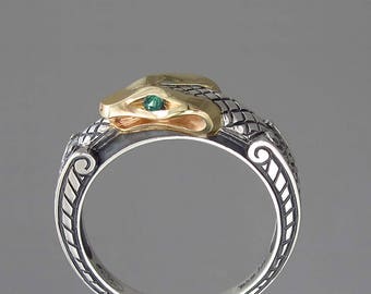 OUROBOROS silver and 14k yellow gold mens unisex Snake ring with Emerald eyes