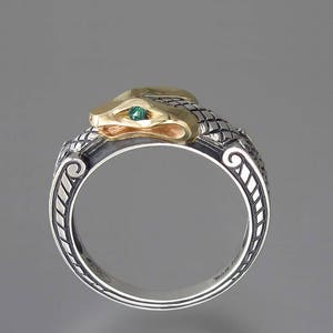 OUROBOROS silver and 14k yellow gold mens unisex Snake ring with Emerald eyes