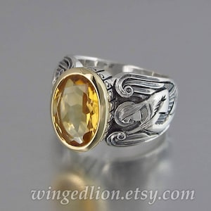 GUARDIAN ANGELS silver 14K mens unisex ring with Citrine (sizes 8 to 14)