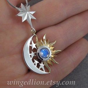 ECLIPSE - SUN and MOON 14k gold and silver pendant with Moonstone