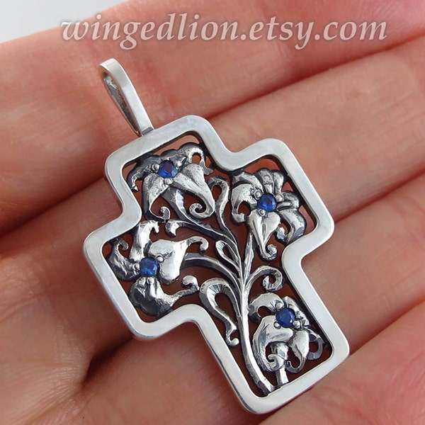 Floral Silver Cross Art Nouveau inspired with Blue Sapphires