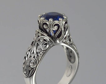 The ENCHANTED PRINCESS 14k gold engagement ring with created Blue Sapphire
