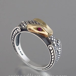 OUROBOROS silver and 14k yellow gold mens unisex Snake ring with Ruby eyes