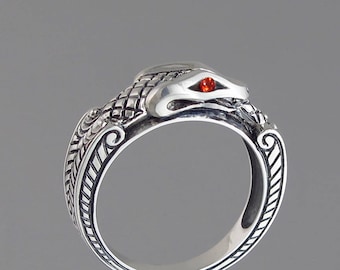 OUROBOROS silver mens Snake ring with Orange Sapphire eyes