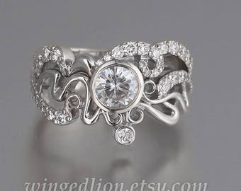ODELIA 14K white gold engagement ring & wedding band set with .5ct Moissanite and diamonds Art Nouveau inspired