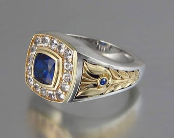 MEDICI 14k gold & silver mens unisex statement ring with Blue Sapphire