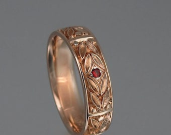 EVERGREEN LAUREL Hochzeitsband 14k Roségold mit Granat