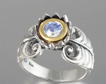 BLUE LOTUS 14K gold and silver ring with Moonstone