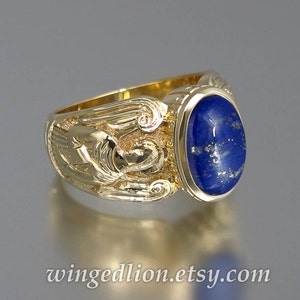 Guardian Angels Mens 14K yellow gold Ring with Lapis Lazuli sizes 8 to 14 image 1