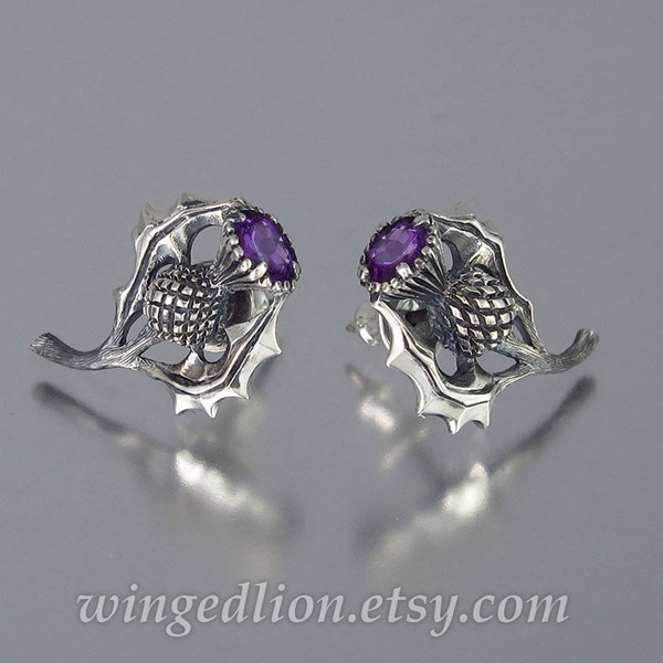 THISTLE BRANCH silver stud post earrings with Amethyst