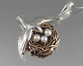 BIRD NEST sterling silver and bronze pendant with pearls