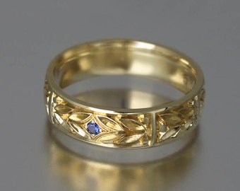 EVERGREEN LAUREL 14k gold mens wedding band with Blue Sapphire unisex ring