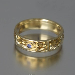 EVERGREEN LAUREL 14k gold mens wedding band with Blue Sapphire unisex ring 14k yellow gold