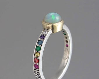 DAPHNE silver & 14k gold Opal ring with rainbow gems