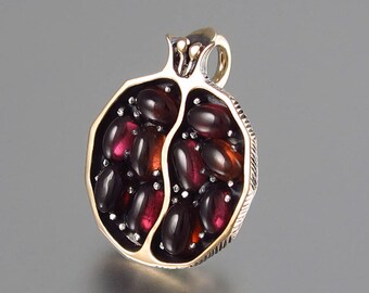 Small JUICY POMEGRANATE garnet bronze & silver pendant - Ready to ship