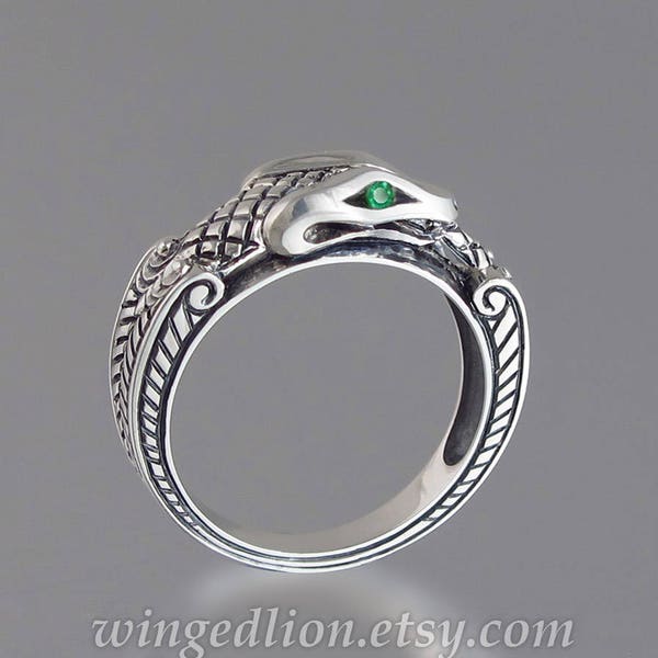 OUROBOROS silver mens unisex Snake ring with Emerald eyes