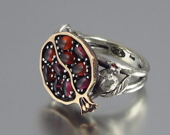 POMEGRANATE garnet bronze and silver ring