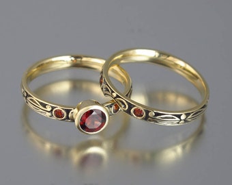 AUGUSTA 14K gold Red Garnet engagement ring & band wedding set