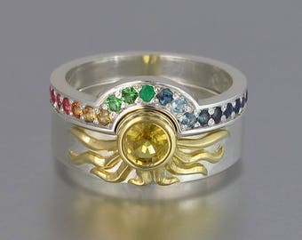 SUN and RAINBOW rings in 18k & silver with Yellow Sapphire