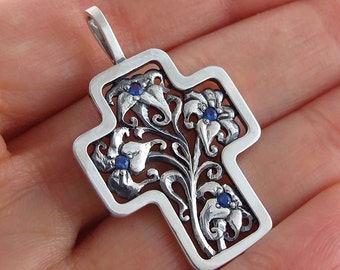 Floral Silver Cross Art Nouveau inspired with Blue Sapphires