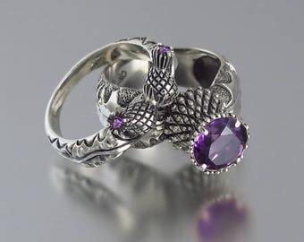 BLOOMING THISTLE silver ring and band with Amethyst wedding set