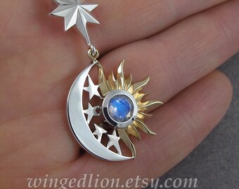 ECLIPSE - SUN and MOON 14k gold and silver pendant with Moonstone