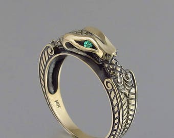 OUROBOROS 14K gold ring Snake with Emerald eyes mens unisex band