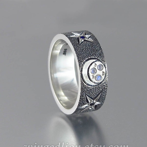 MOONSTRUCK silver band with moonstones and blue sapphires