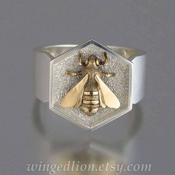 size 9.75 Ready to Ship HONEY BEE mens sterling silver and 14k yellow gold unisex ring