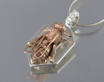 HONEY BEE silver and 14k rose gold pendant with white sapphires - Ready to ship