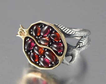 POMEGRANATE garnet 14K gold and silver ring