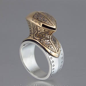 Armor ring, MAXIMILIAN Knight Helmet ring, silver and bronze armor mens ring